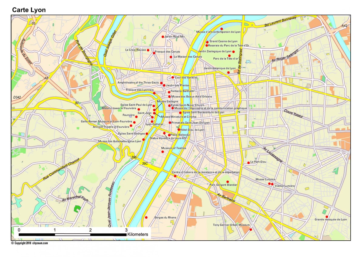 Lyon atraksyon touris kat jeyografik